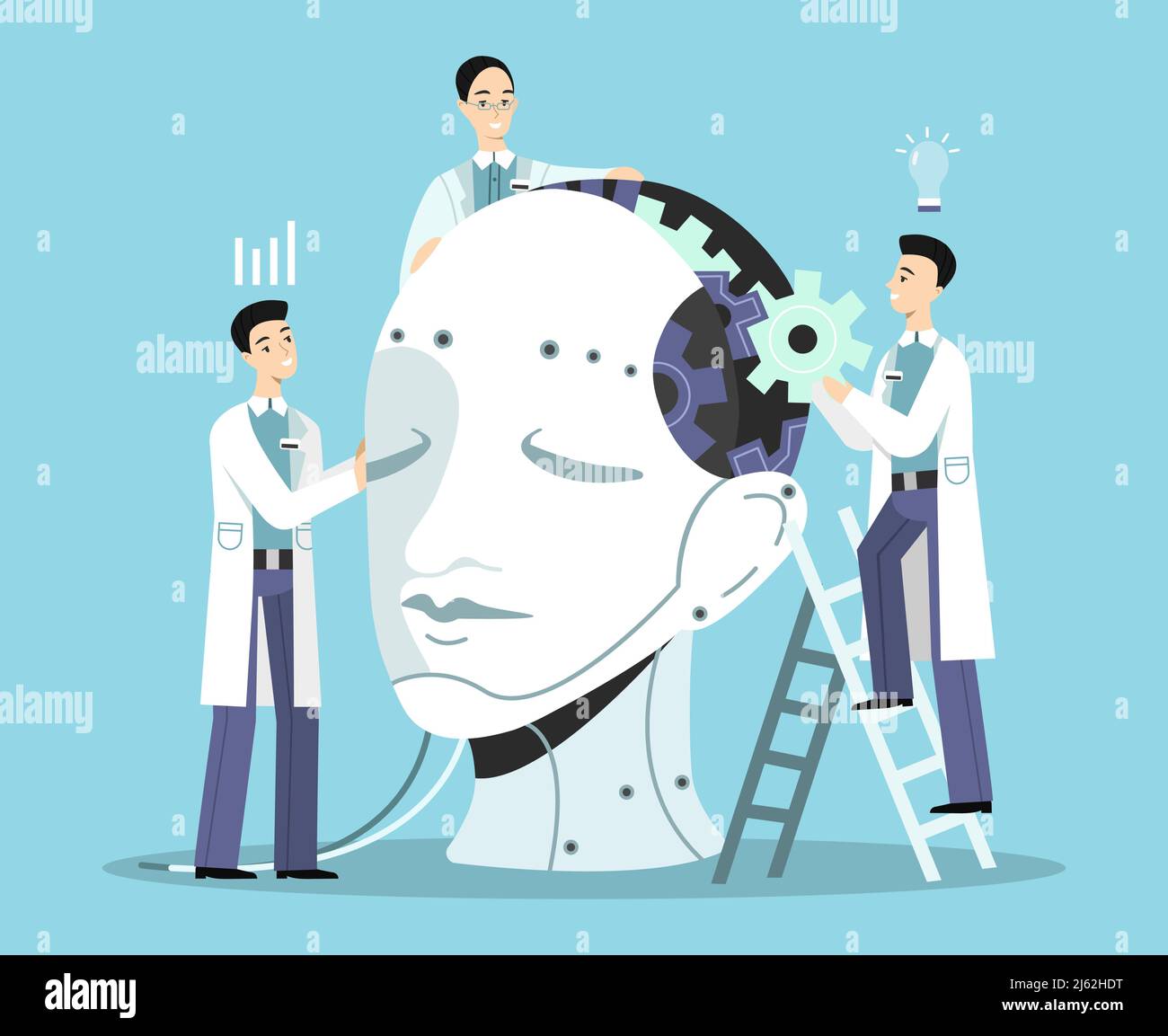 Artificial intelligence vector illustration of scientists men building human head with cogwheels and wires. Digital brain or android robot mind develo Stock Vector