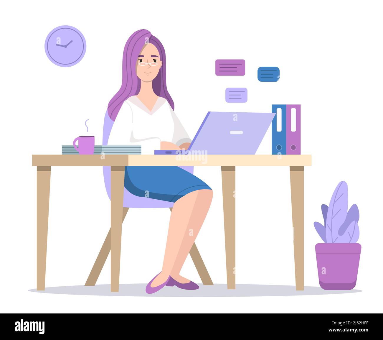 Woman at computer vector illustration of girl in office or home texting chat message on laptop with coffee sitting at table. Designer, social media bl Stock Vector