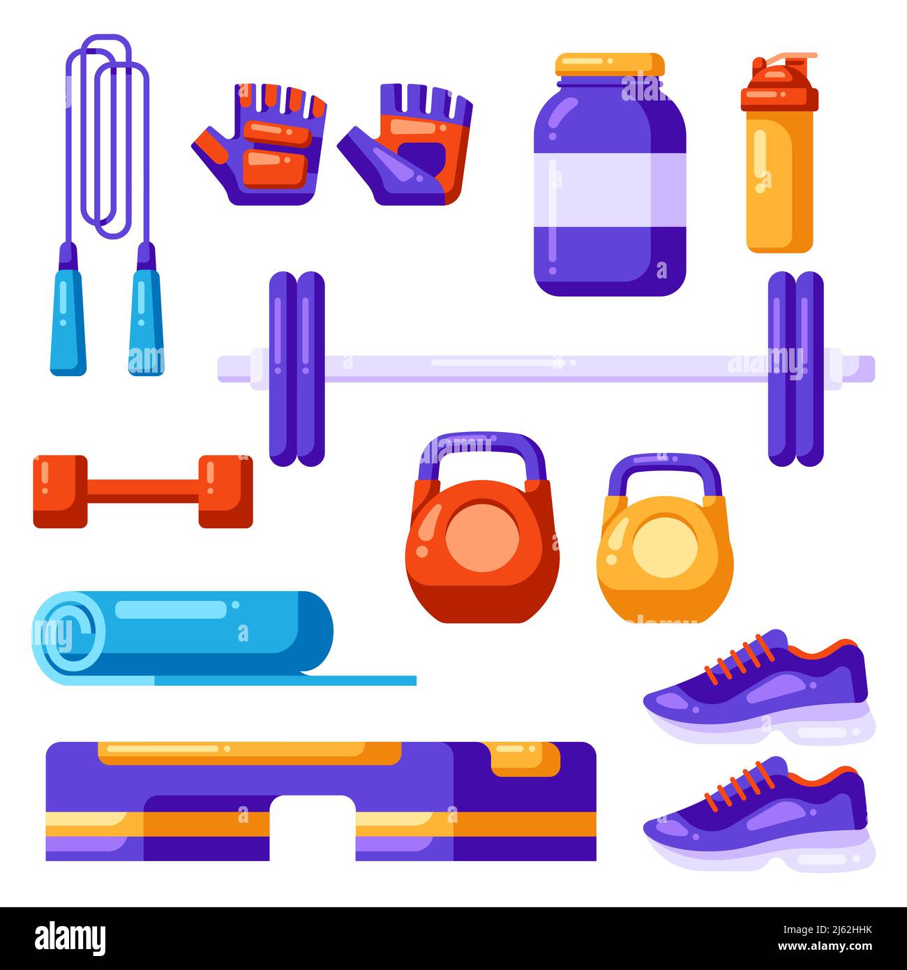 Set of fitness equipment. Sport bodybuilding items illustrations