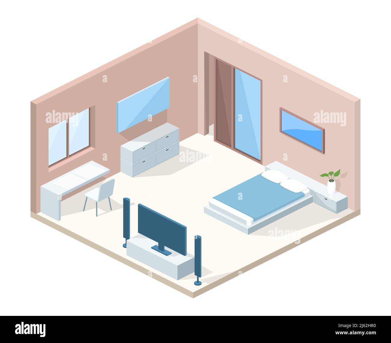 Bedroom interior in cross section vector illustration. Modern hotel room minimalistic comfortable design and furniture, blanket on bed, table and chai Stock Vector