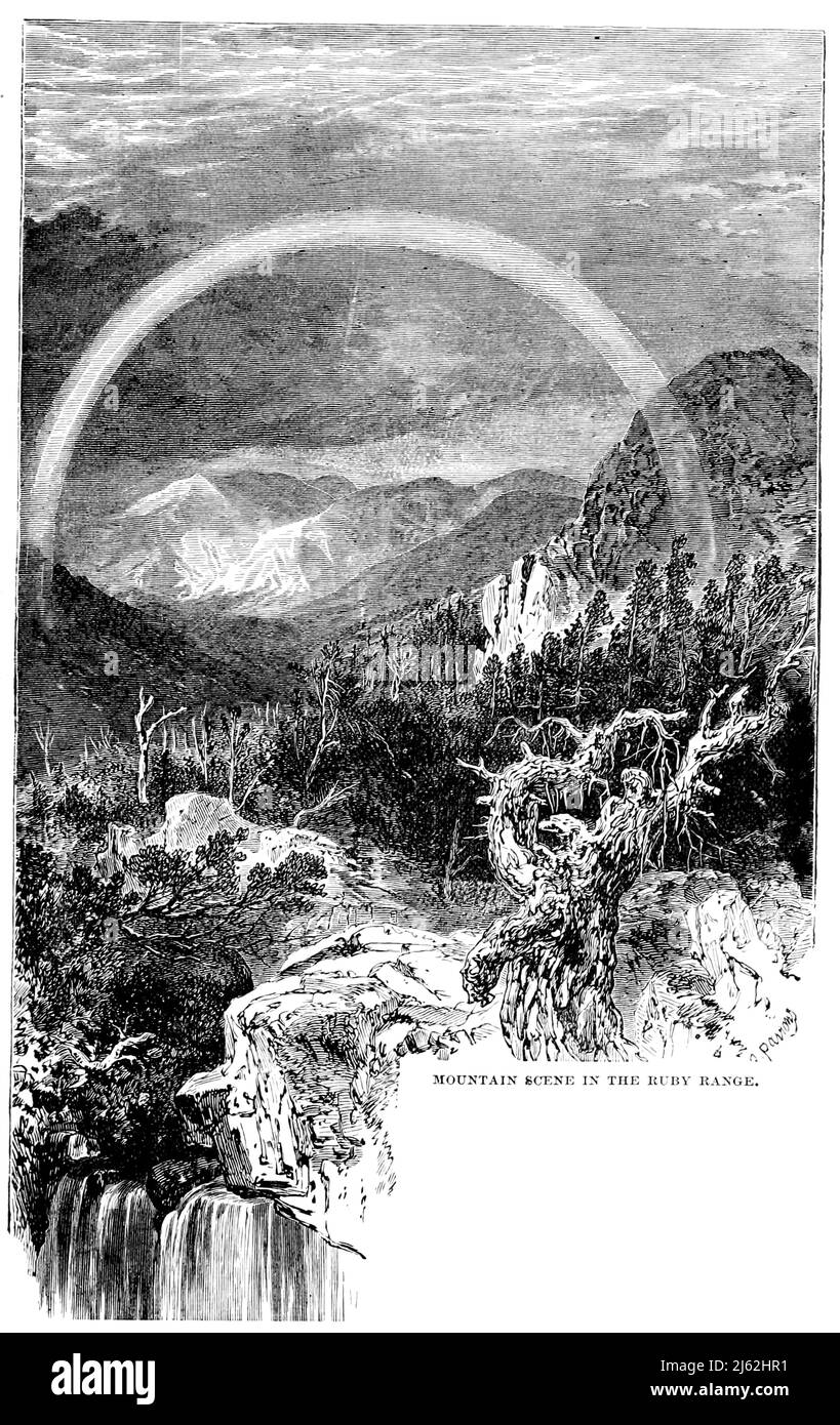 Mountain Scene in the Ruby Range from the book The Pacific tourist : Adams & Bishop's illustrated trans-continental guide of travel, from the Atlantic to the Pacific Ocean : containing full descriptions of railroad routes across the continent, all pleasure resorts and places of most noted scenery in the Far West, also of all cities, towns, villages, U.S. forts, springs, lakes, mountains, routes of summer travel, best localities for hunting, fishing, sporting, and enjoyment, with all needful information for the pleasure traveler, miner, settler, or business man : a complete traveler's guide of Stock Photo
