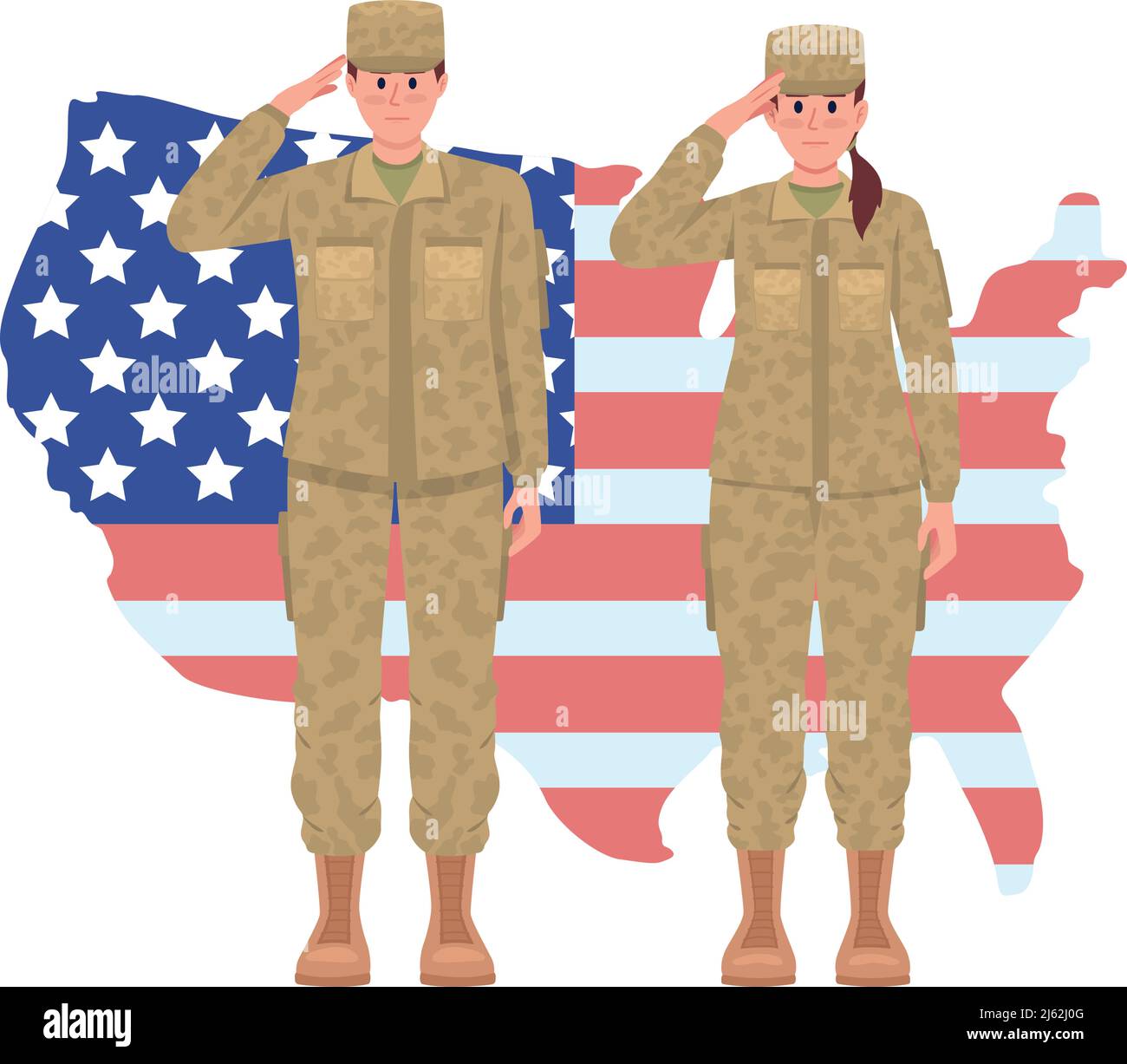 Soldiers saluting against map 2D vector isolated illustration Stock Vector