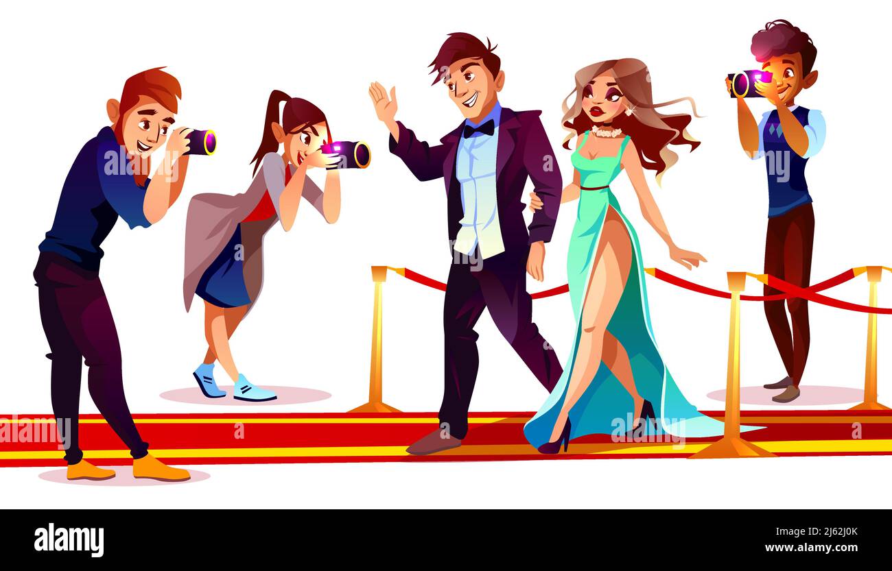 Vector cartoon couple of famous celebrities on red carpet with paparazzi isolated on white background. Photographers with cameras work with rich super Stock Vector