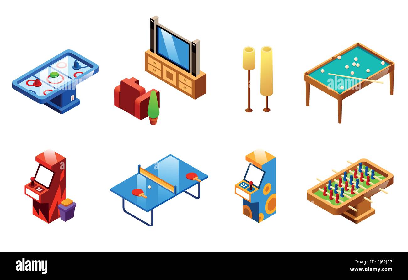 Vector isometric recreation room entertainments and amusements set. Table tennis or ping-pong, foosball and air hockey, TV set with armchair, two slot Stock Vector