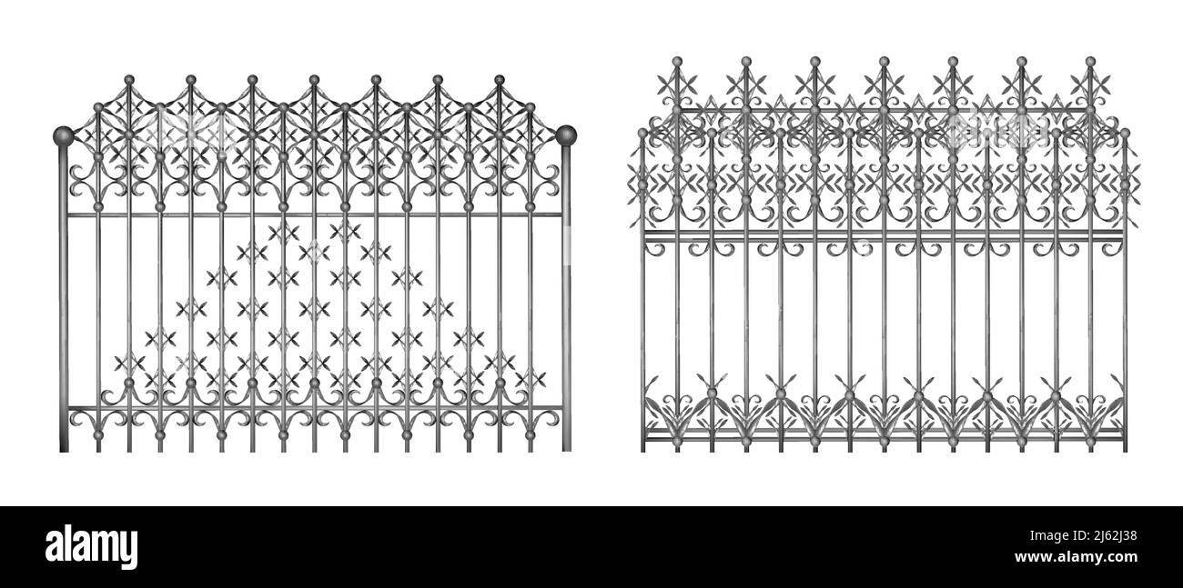 Sections of decorative forged fence or gates with elegant, retro ornament realistic vector isolated on white background. Metal fencing in vintage vict Stock Vector