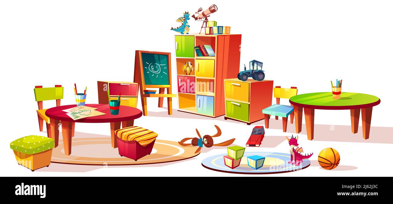 Kindergarten Or Kid Room Interior Vector Illustration Empty Cartoon  Background With Child Toys Tables And Drawer Boxes Modern Room With  Furniture Sunlight From Window And Toys For Kids Stock Illustration -  Download