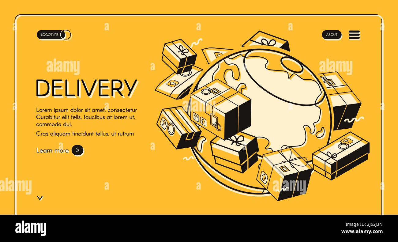 Global postal mail delivery vector illustration in isometric thin line