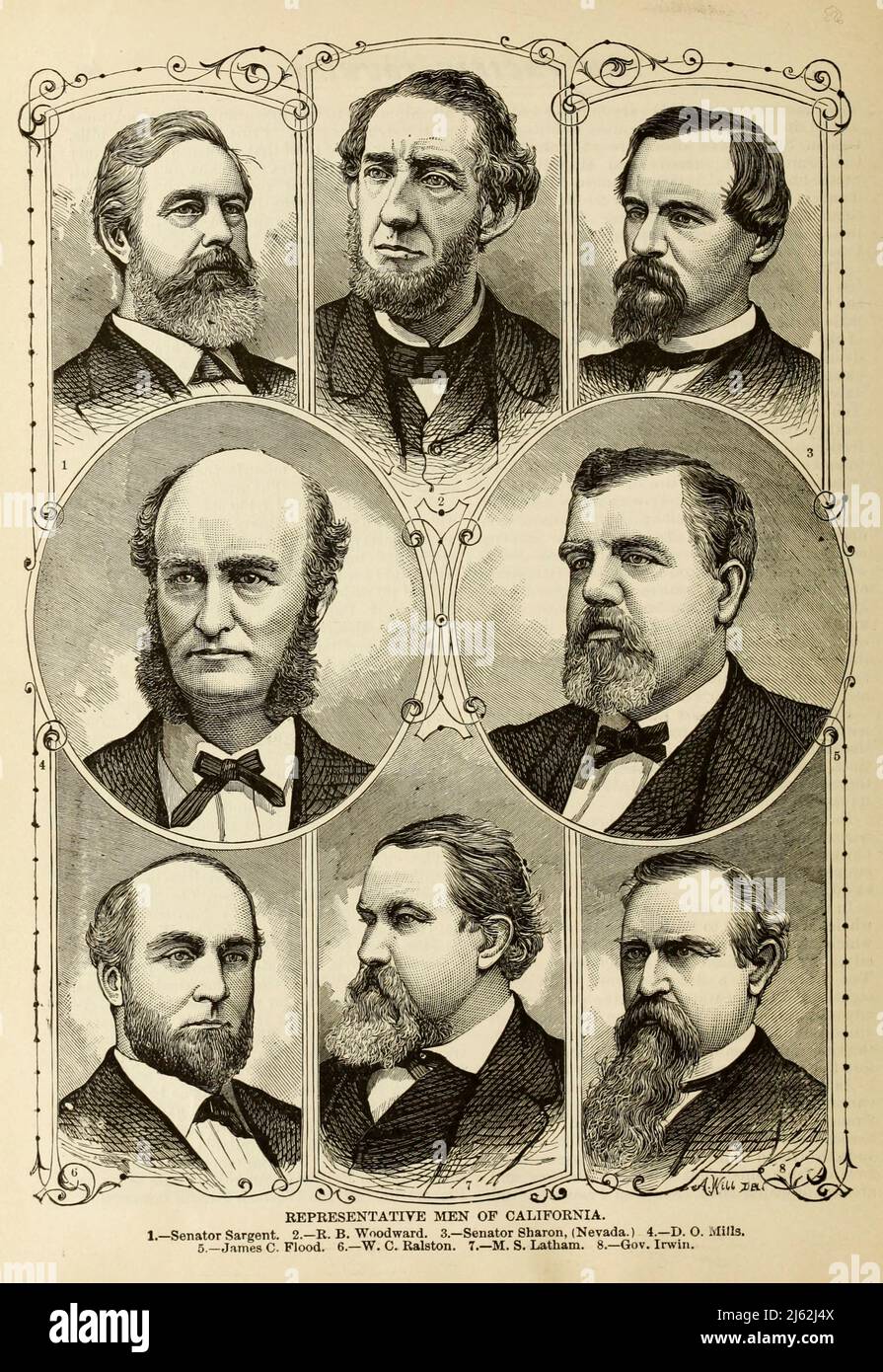REPRESENTATIVE MEN OF CALIFORNIA. 1. Senator Sargent. 2. R. B. Woodward. 3. Senator Sharon, (Nevada.) 4. D. O. Mills. 5. James C. Flood. 6. W. C. Ralston. 7. M. S. Latham. 8. Gov. Irwin. from the book The Pacific tourist : Adams & Bishop's illustrated trans-continental guide of travel, from the Atlantic to the Pacific Ocean : containing full descriptions of railroad routes across the continent, all pleasure resorts and places of most noted scenery in the Far West, also of all cities, towns, villages, U.S. forts, springs, lakes, mountains, routes of summer travel, best localities for hunting, f Stock Photo