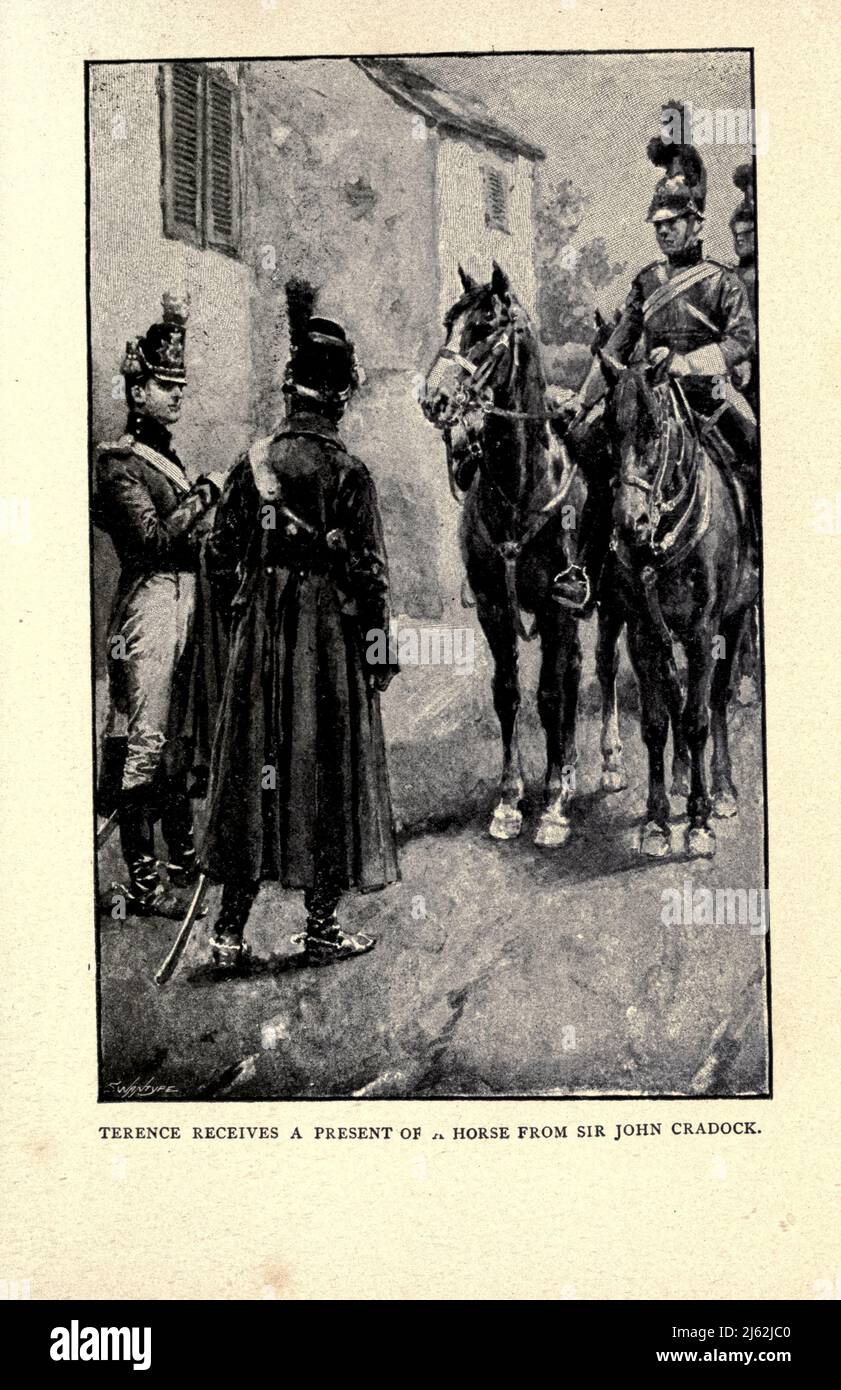 TERENCE RECEIVES A PRESENT OF A HORSE FROM SIR JOHN CRADOCK, from the book '  With Moore at Corunna ' by George Alfred Henty, illustrated by Walter (Wal) Paget, Publication date 1897 Publisher New York : C. Scribner's Sons. [The Battle of Corunna (or A Coruña, La Corunna, La Coruña or La Corogne), in Spain known as Battle of Elviña, took place on 16 January 1809, when a French corps under Marshal of the Empire Jean de Dieu Soult attacked a British army under Lieutenant-General Sir John Moore. The battle took place amidst the Peninsular War, which was a part of the wider Napoleonic Wars. It was Stock Photo