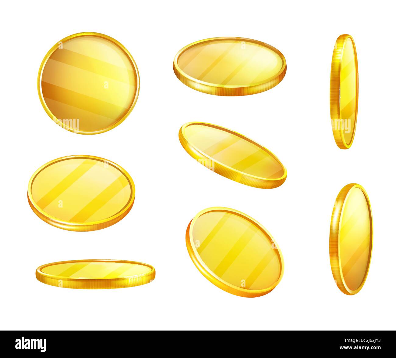Vector golden coin in different positions, shiny piece of metal, value ...