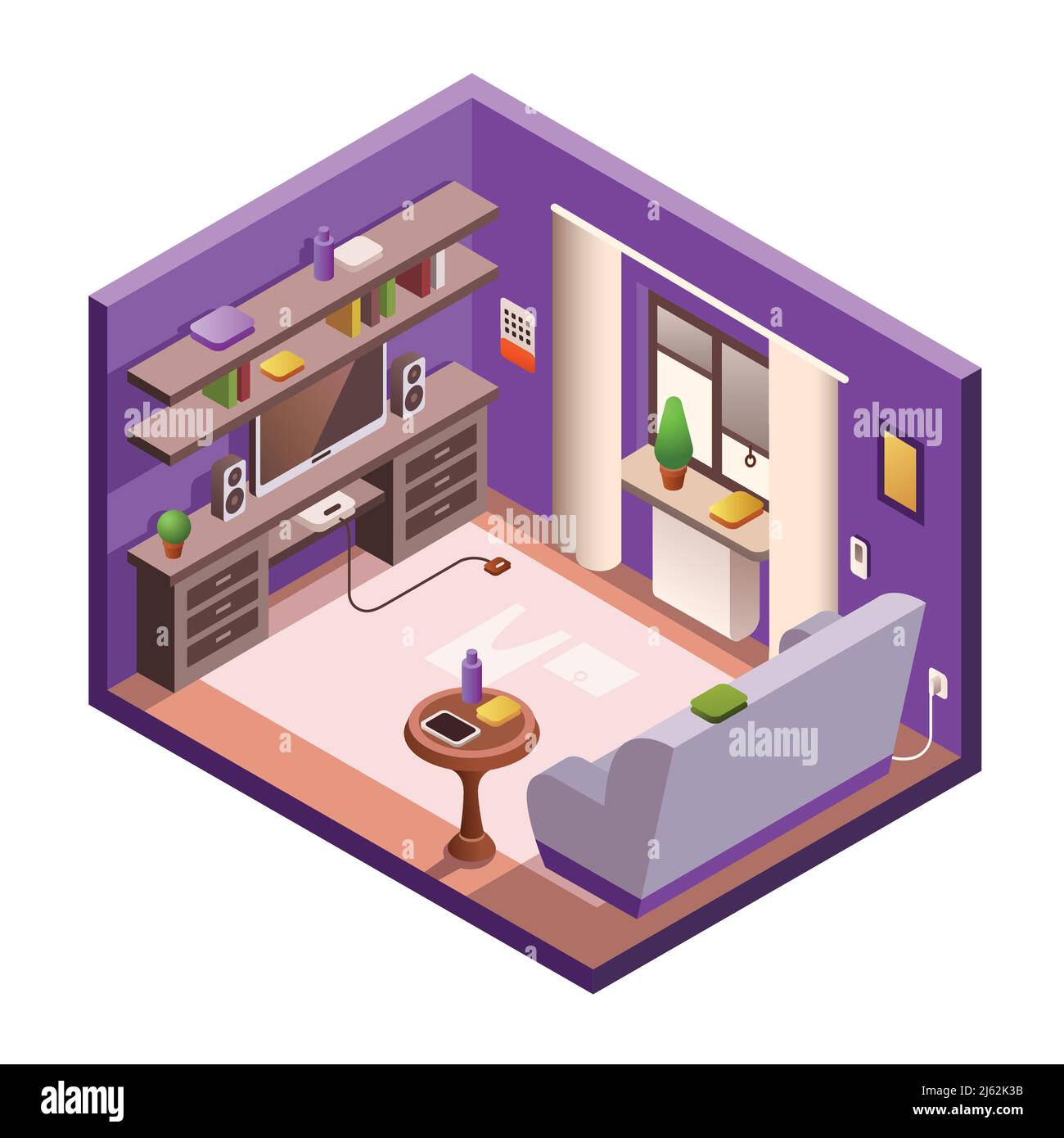 Vector isometric living room interior section. Cozy modern 3d house