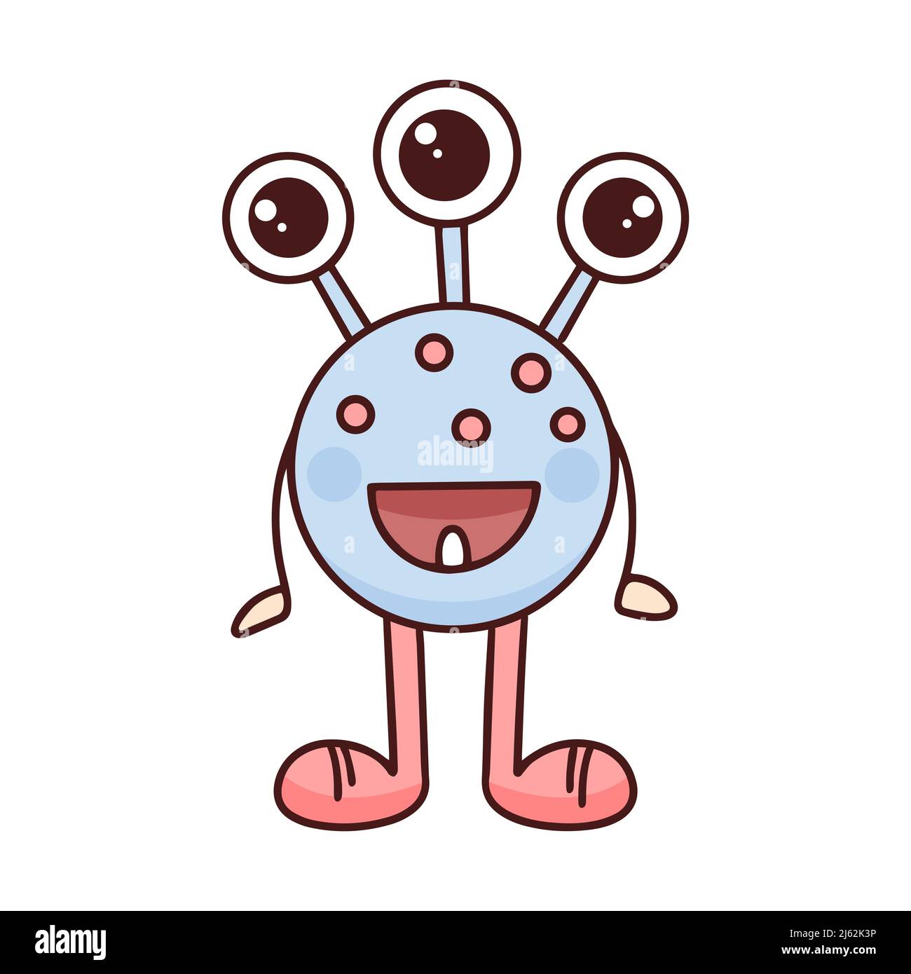 Funny monster with three eyes and one tooth isolated object Stock Vector