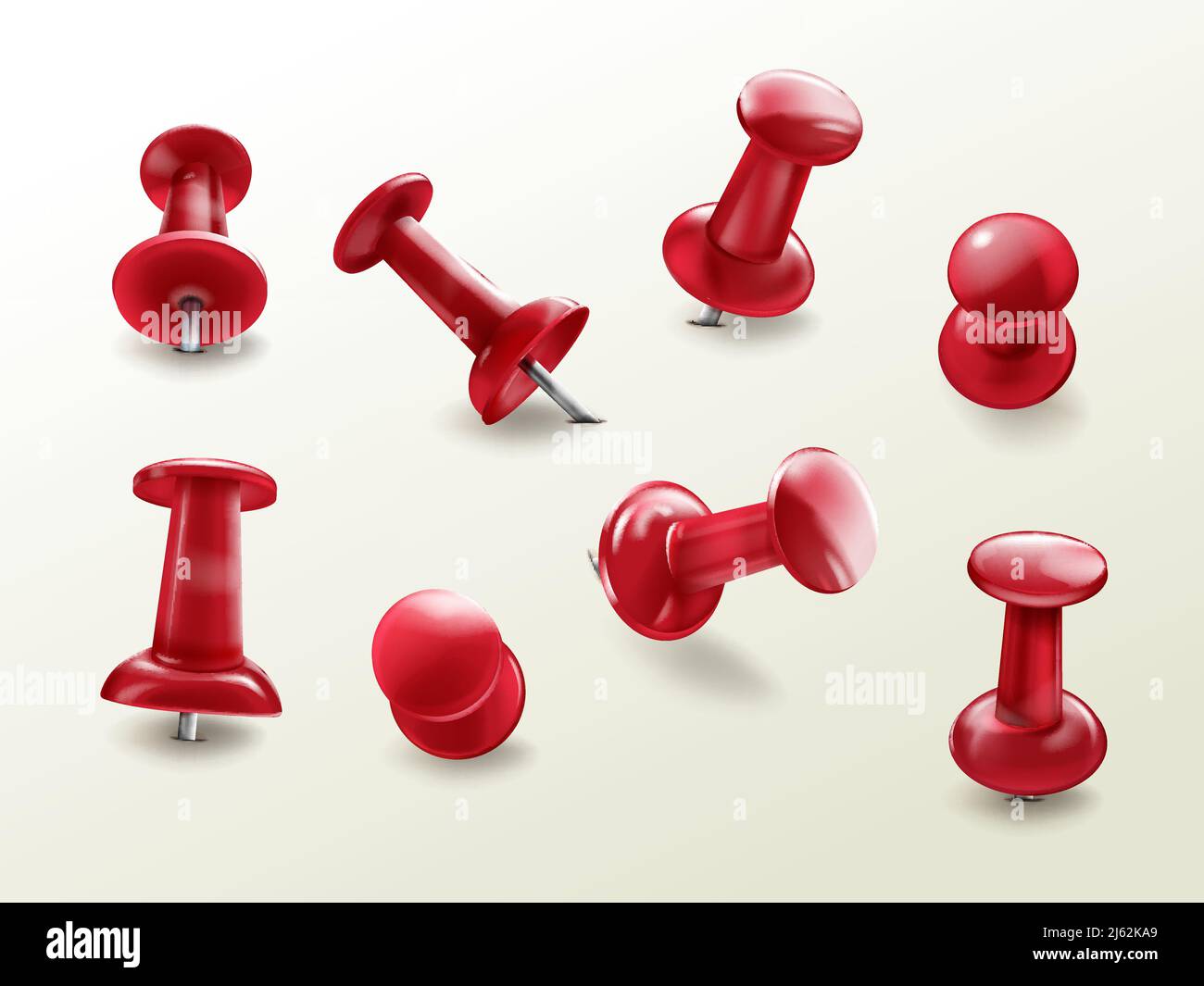 Stationery office thumbtack, vector realistic set of red glossy push pins for fixing on board