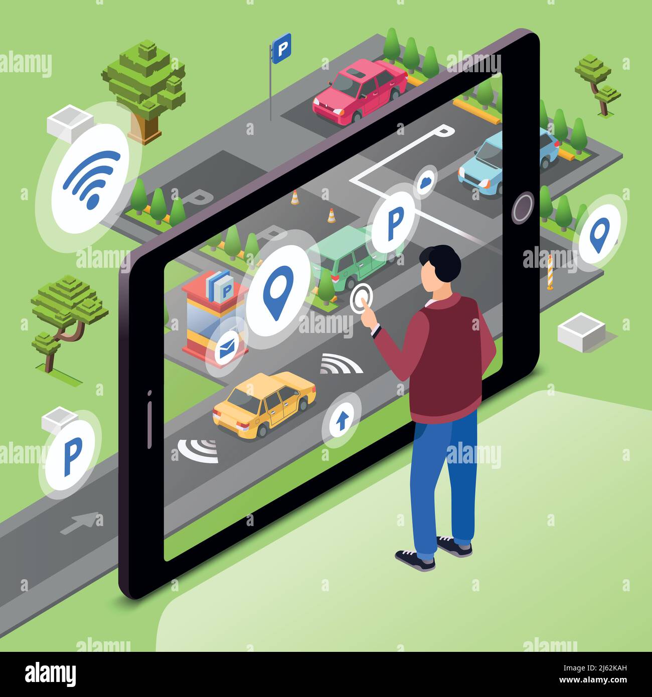 Smart parking vector illustration. Man user with smartphone touch screen control car driving to parking lot through internet connection of smart techn Stock Vector