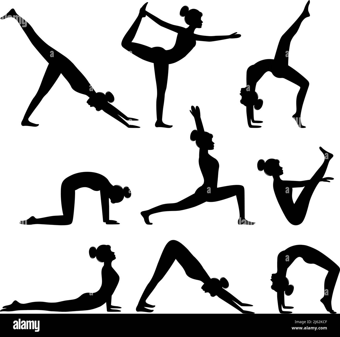 Set of silhouettes of yoga postures. Woman doing yoga and pilates exercises. Healthy lifestyle. Workout, vector illustration Stock Vector