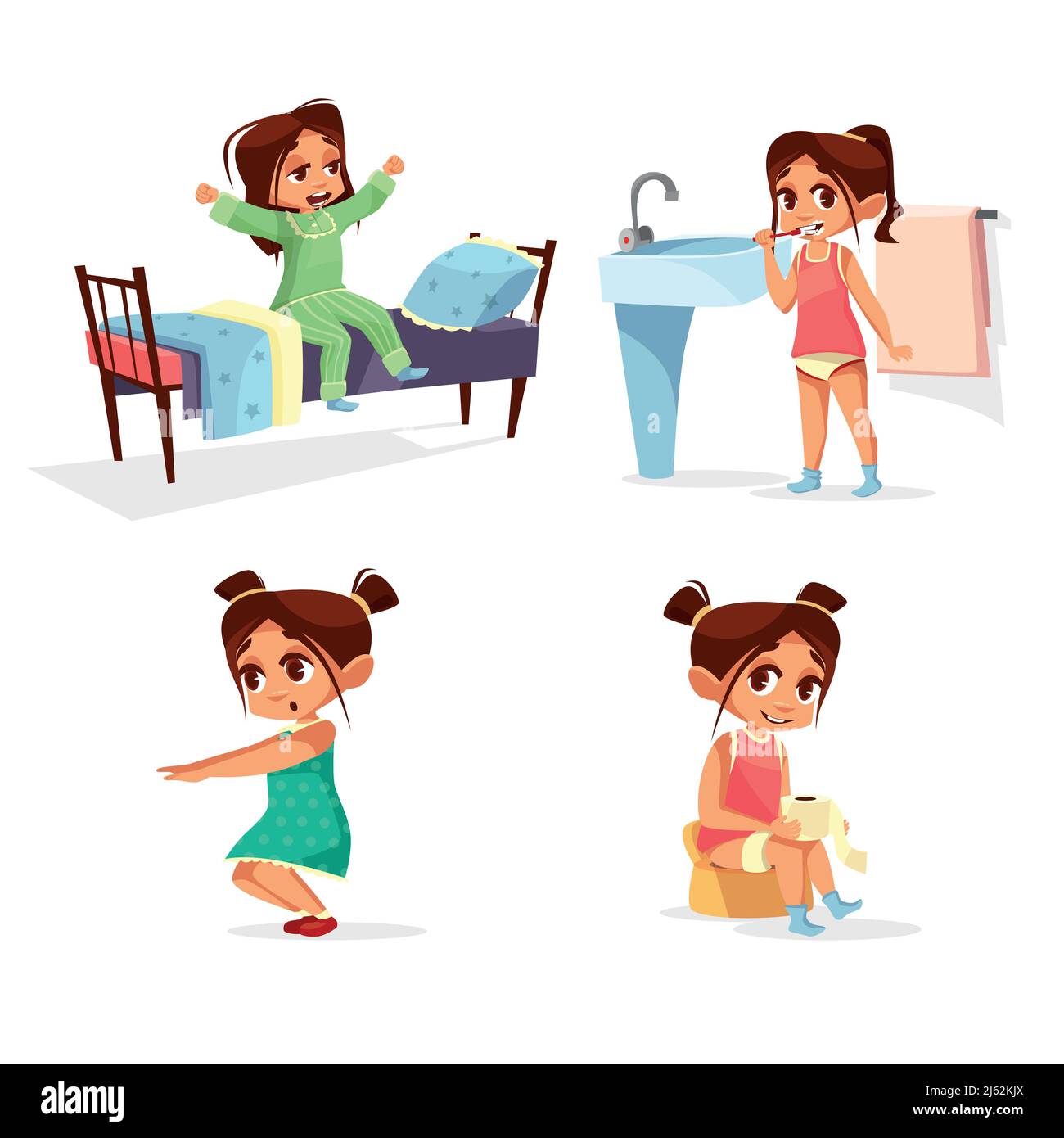 Girl kid morning routine vector cartoon illustration. Flat design of girl child waking up from sleep, washing and brushing teeth in bathroom toilet an Stock Vector