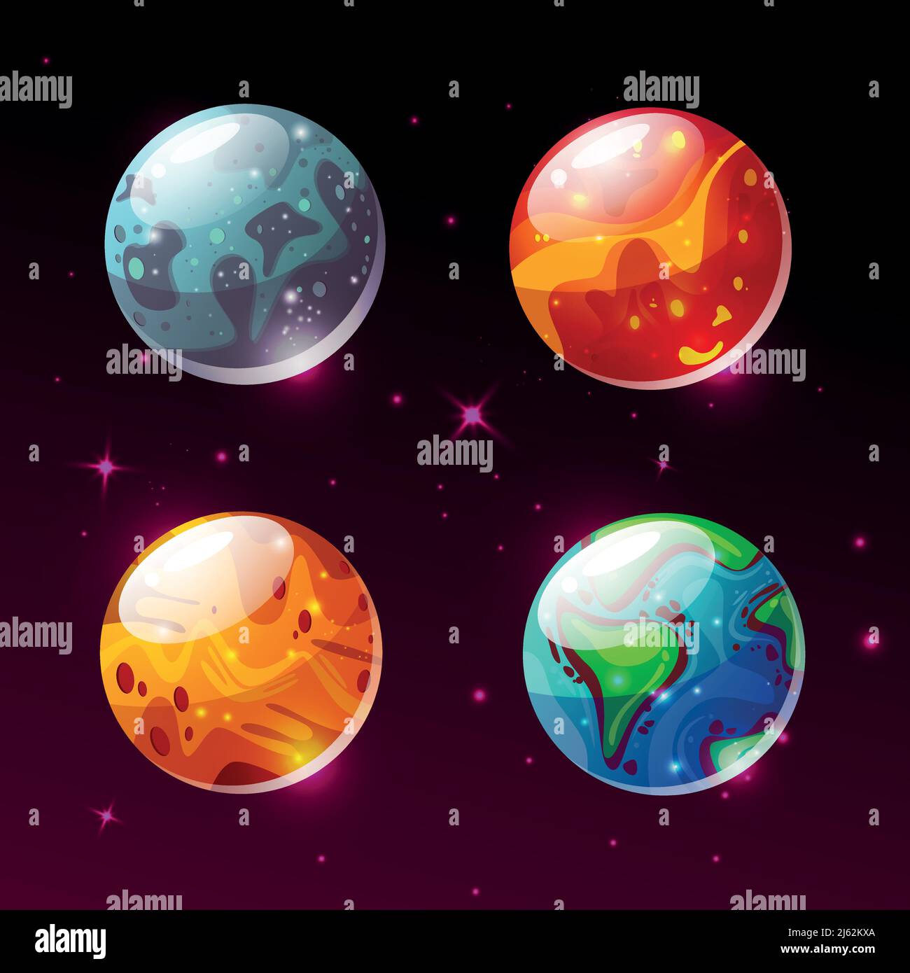 Planets in space vector illustration. Cartoon Earth, Mars or Moon and Sun or Pluto and Jupiter planet color icons of solar system, cosmos galaxy and s Stock Vector