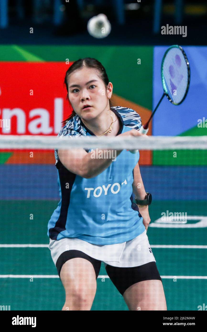 Manila, Philippines. 27th Apr, 2022. Busanan Ongbamrungphan of Thailand  competes during the women's singles 1st round match against Wang Zhiyi of  China at the Badminton Asia Championships 2022 in Manila, the Philippines,