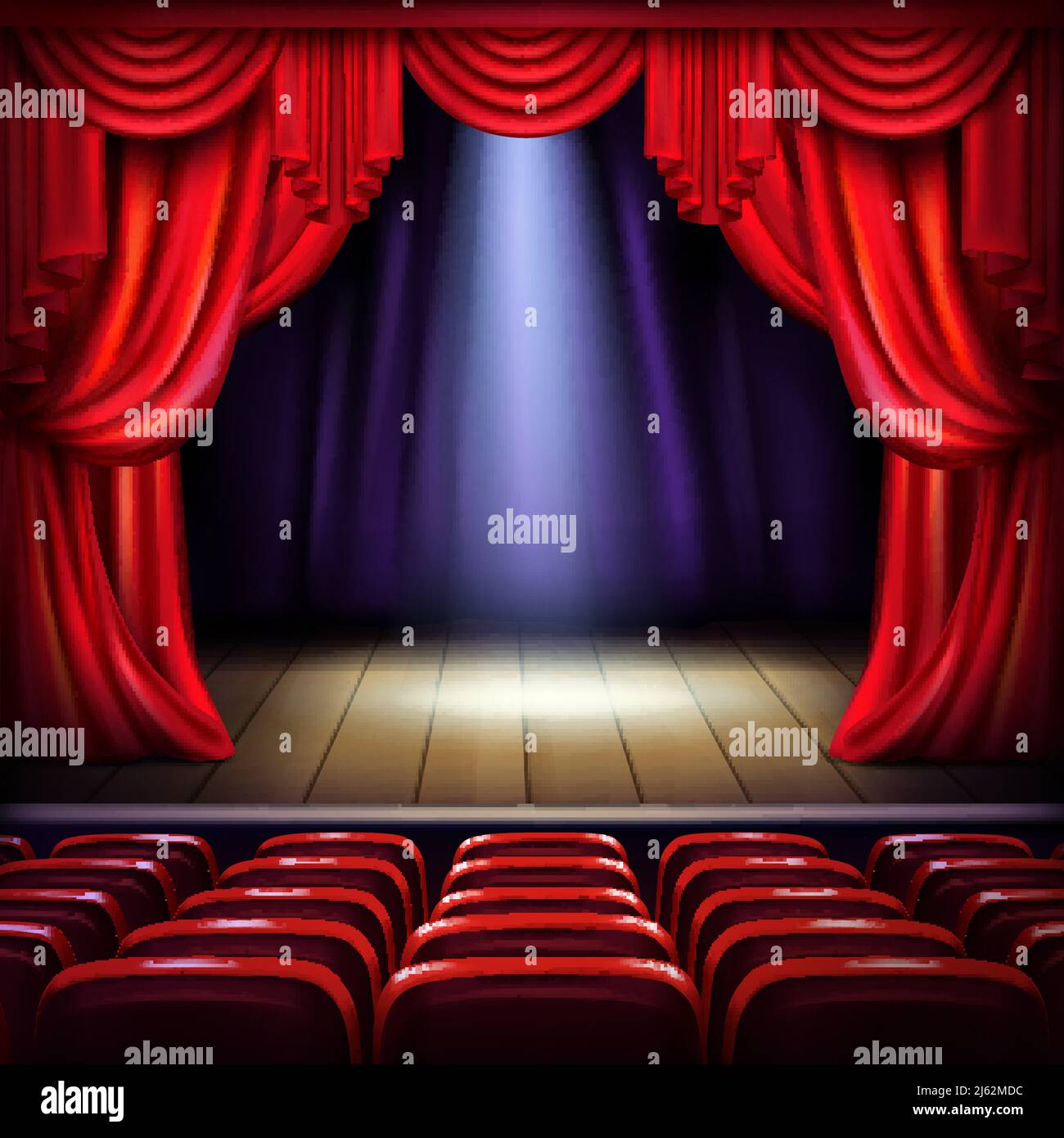 Theater or concert hall stage with opened red curtains, spotlight beam spot in center and empty visitors seats realistic vector illustration. Music co Stock Vector