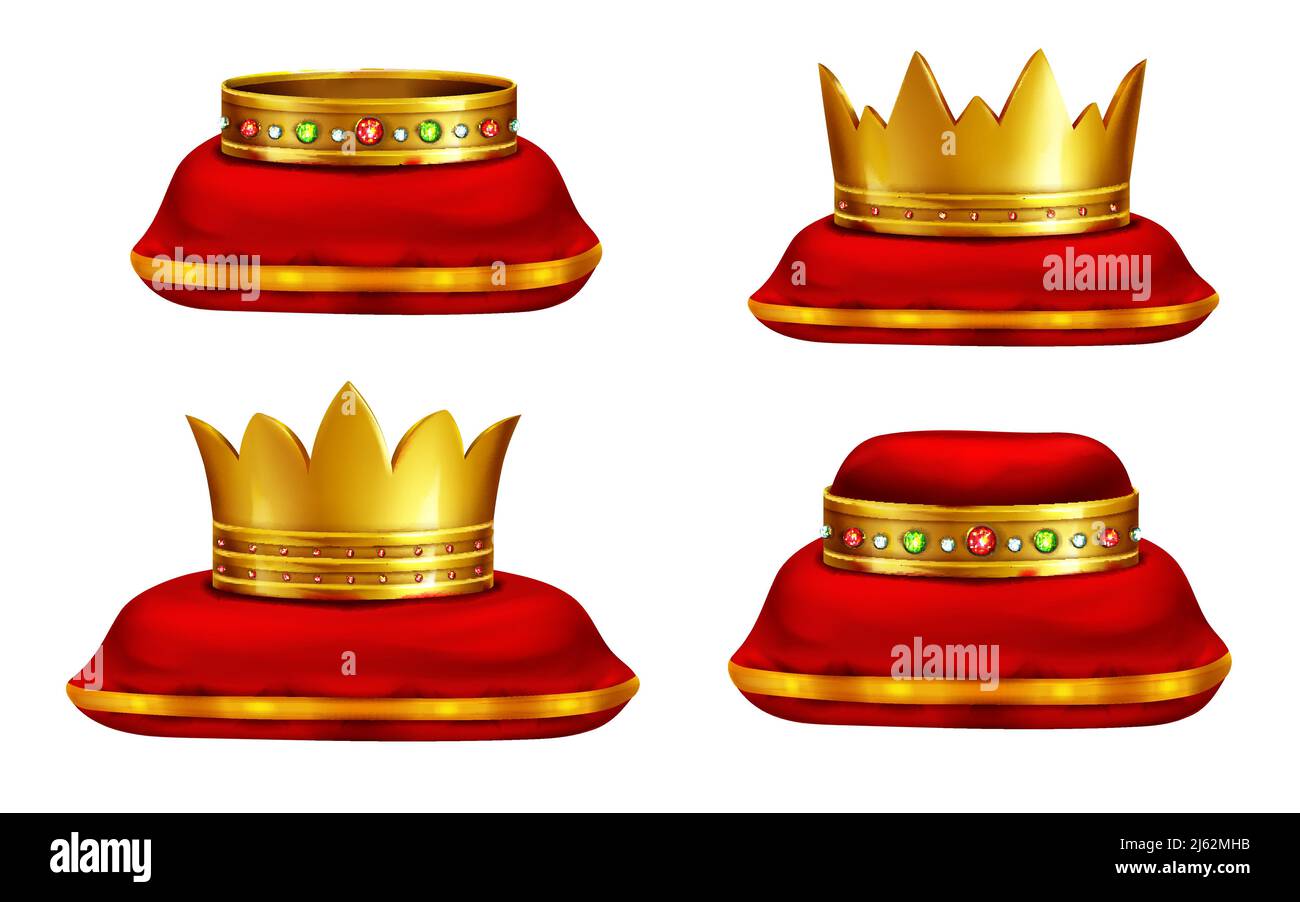 Royal golden crowns inlaid with precious gemstones lying on red ceremonial pillow realistic vector icons set isolated on white background. Monarch pow Stock Vector