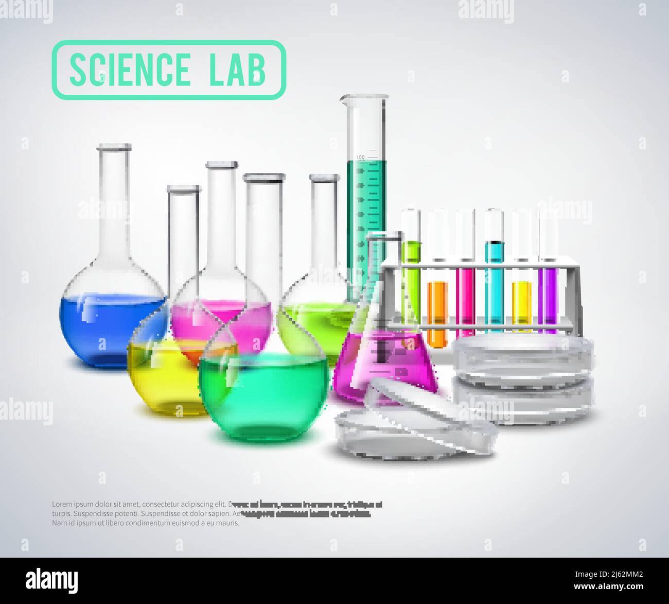 Laboratory bottles composition with color liquids in jars realistic glass tubes flat vector illustration Stock Vector