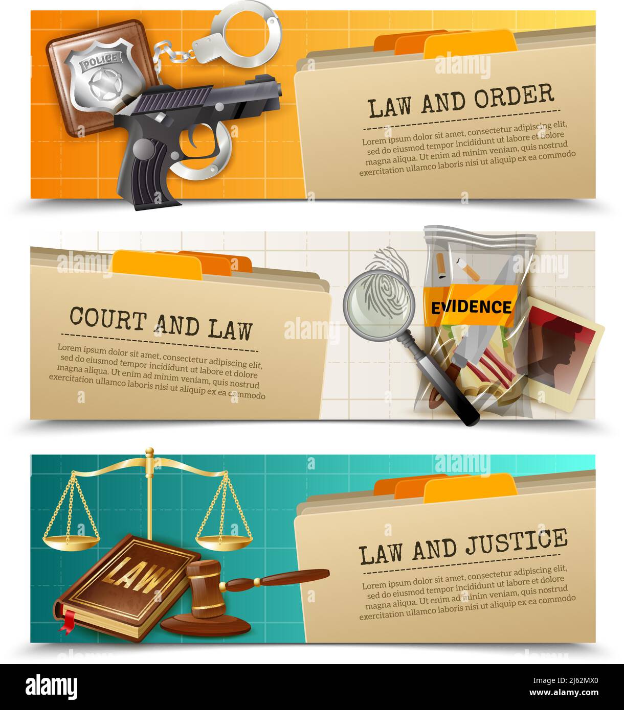 Criminal and civil law order justice 3 horizontal bookmarks banners set with balance and gavel isolated vector illustration Stock Vector