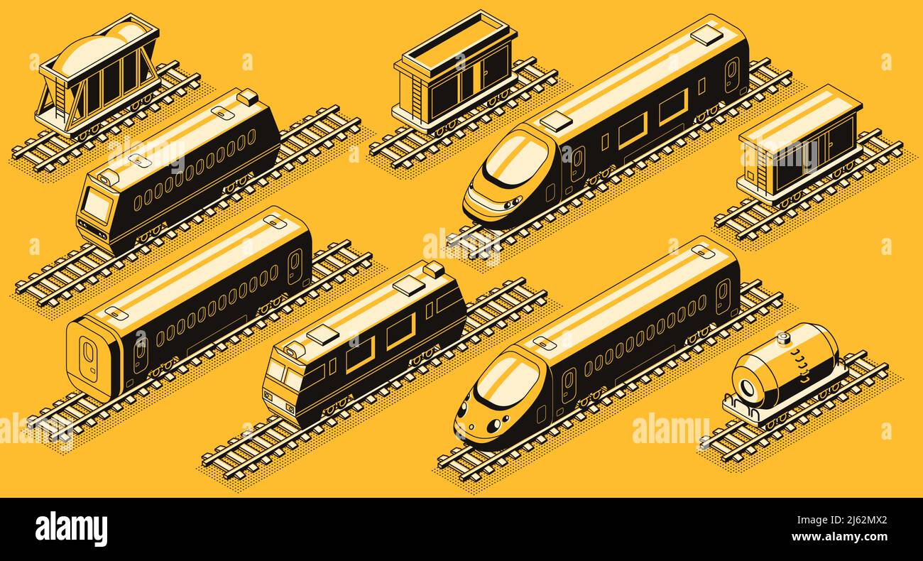 Railroad transport, train elements isometric vector set. High-speed passenger and freight locomotives, goods wagons and containers with bulk cargo, ta Stock Vector