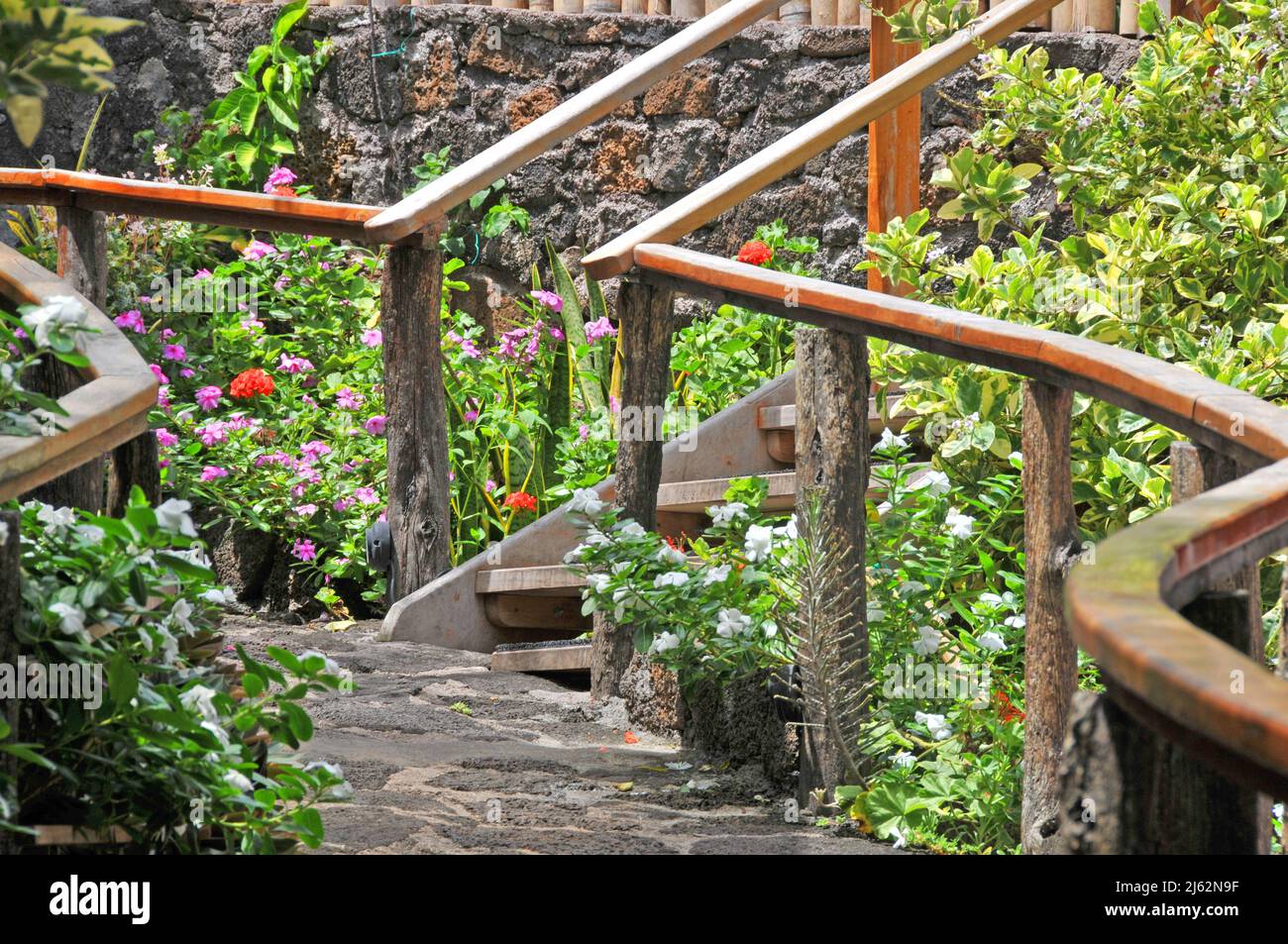 railing,  Puerto Isidro Ayora city, Galapagos, Ecuador Stock Photo
