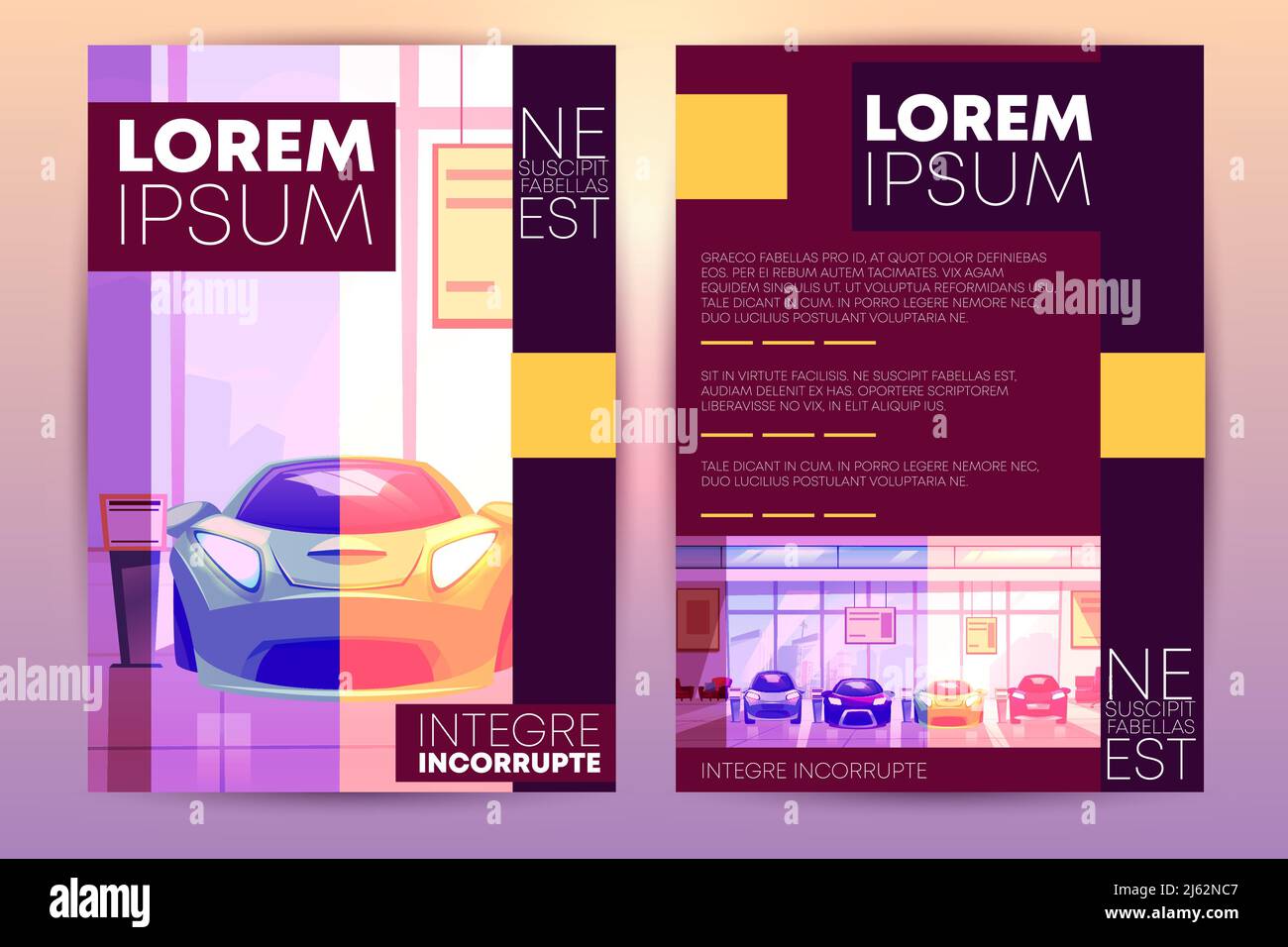 Vector flyer with car showroom new auto dealership. Brochure with
