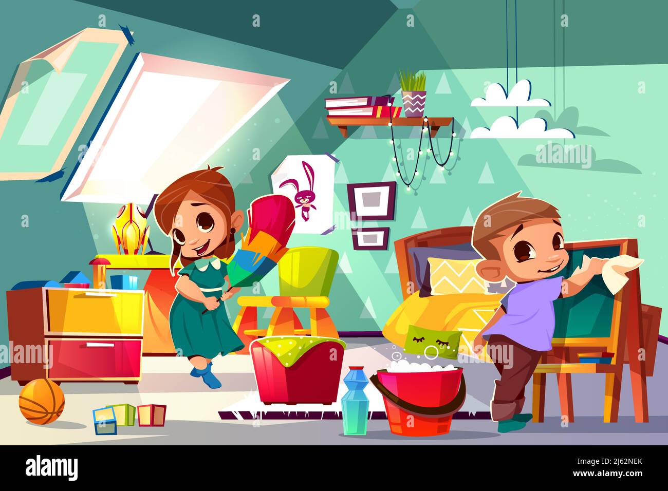 Brother and sister cleaning the house Stock Vector Images Alamy