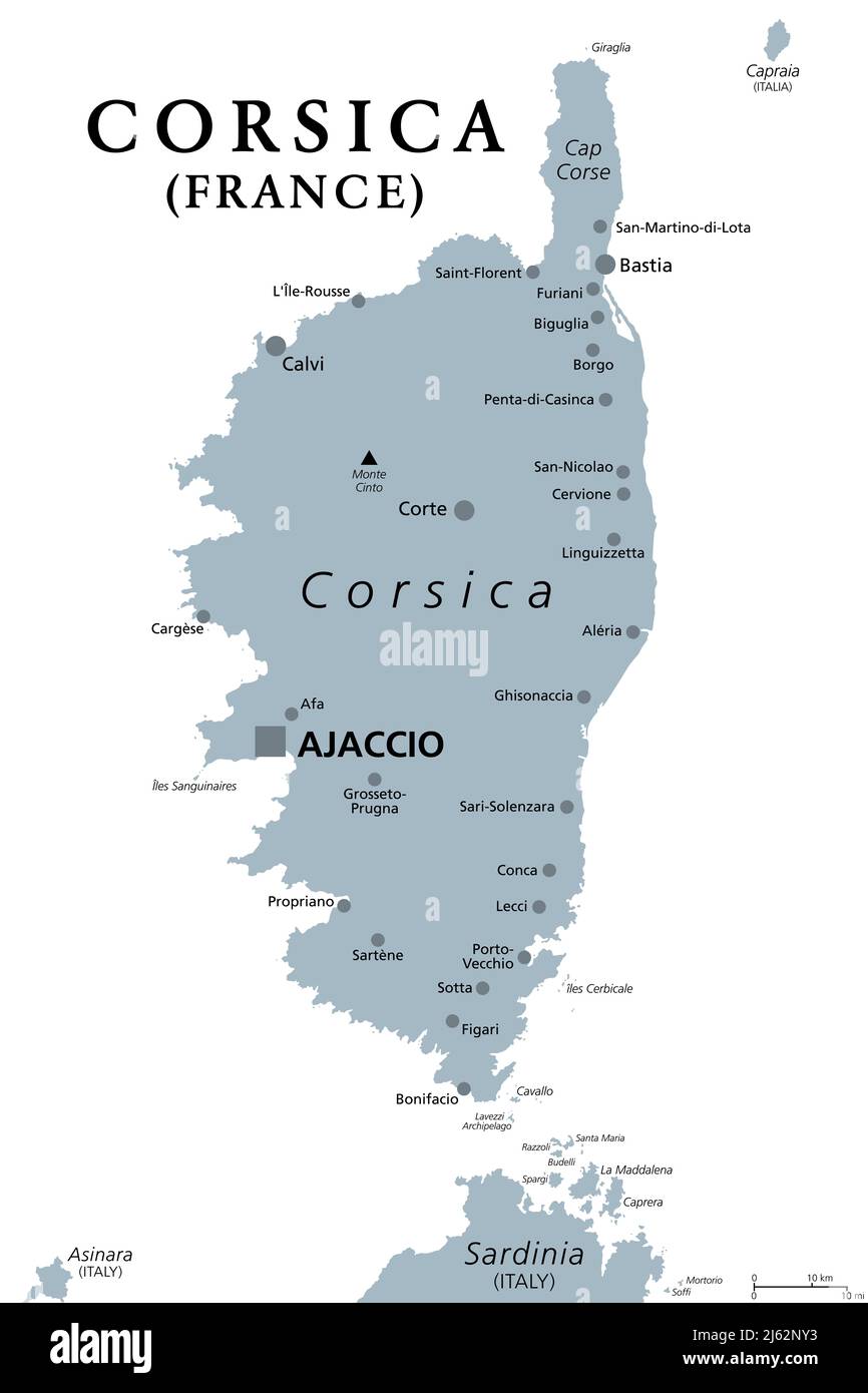 Corsica, gray political map. French island in the Mediterranean Sea, north of Italian island Sardinia, with capital Ajaccio. A region of France. Stock Photo