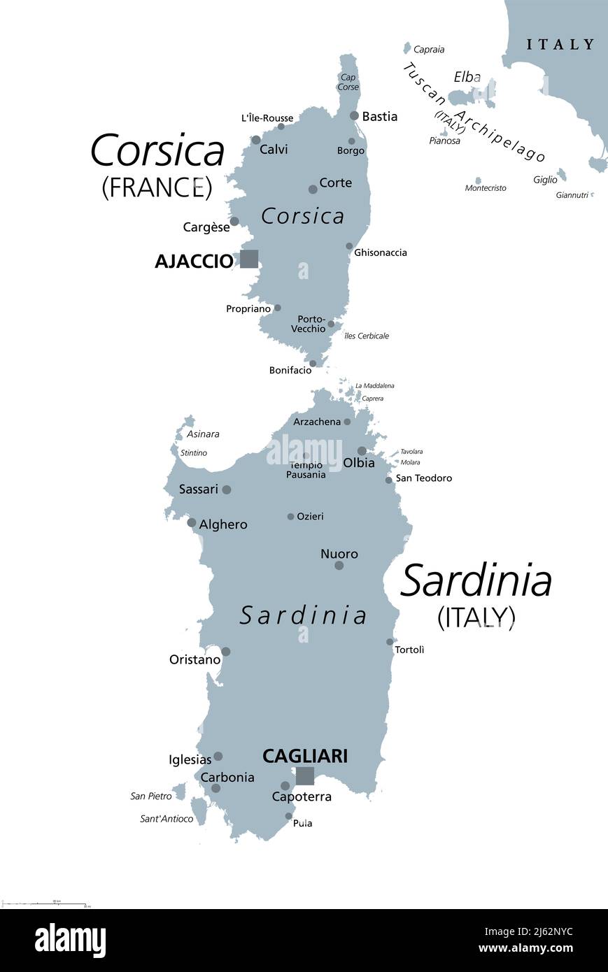 Corsica and Sardinia, gray political map. French and Italian islands, with capitals Ajaccio and Cagliari, in the Mediterranean Sea. Stock Photo