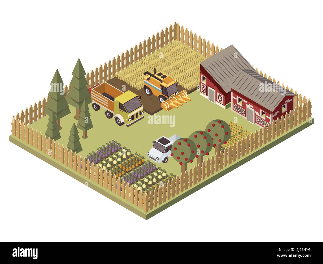Farm vehicles isometric design with agricultural buildings cultivated lands apple trees garden beds with harvest vector illustration Stock Vector