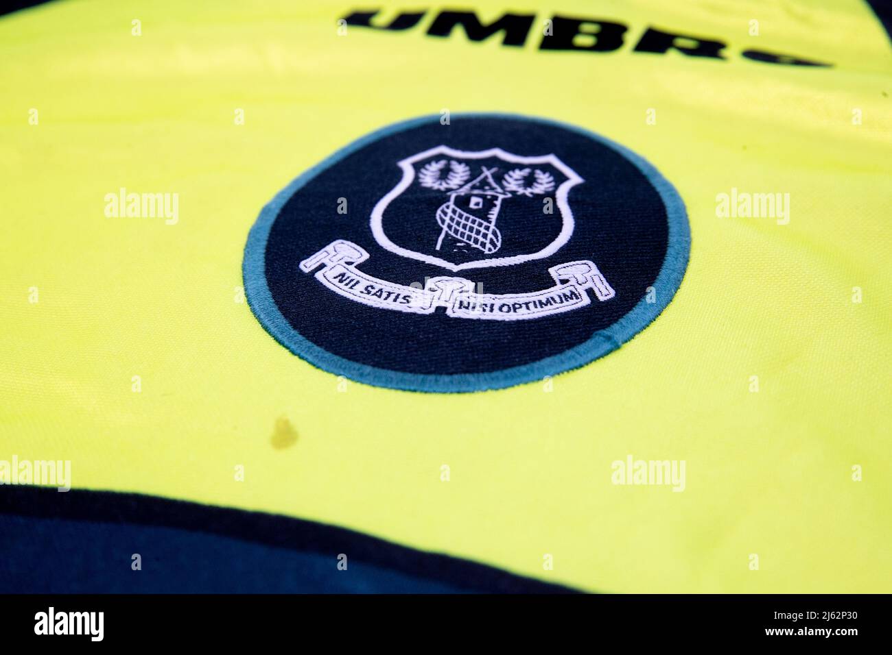 Everton logo badge on an Umbro football shirt Stock Photo