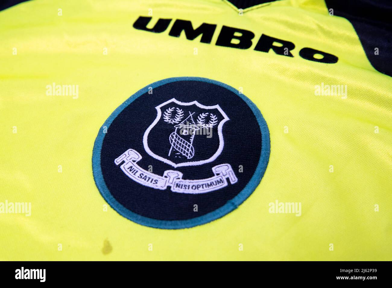Everton logo badge on an Umbro football shirt Stock Photo