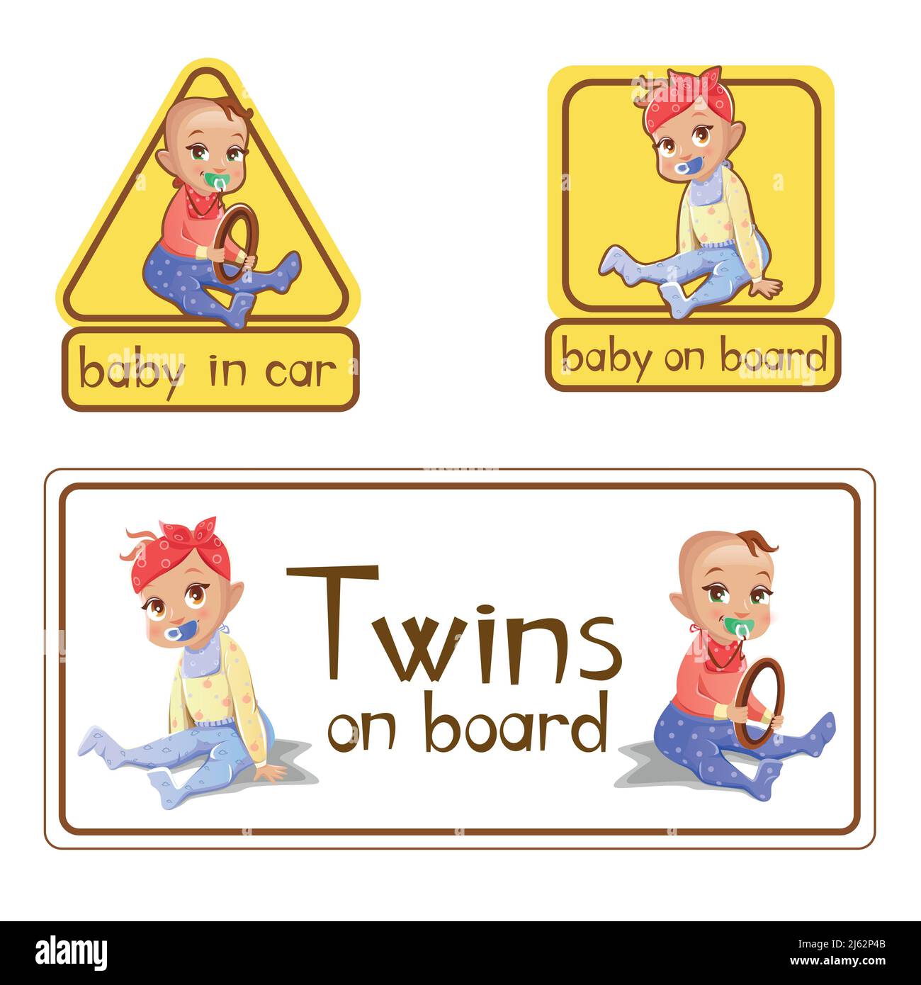 Baby in car sign stickers vector illustration. Twins girl and boy baby on board with steering wheel isolated warning labels set of advisory alarm or b Stock Vector