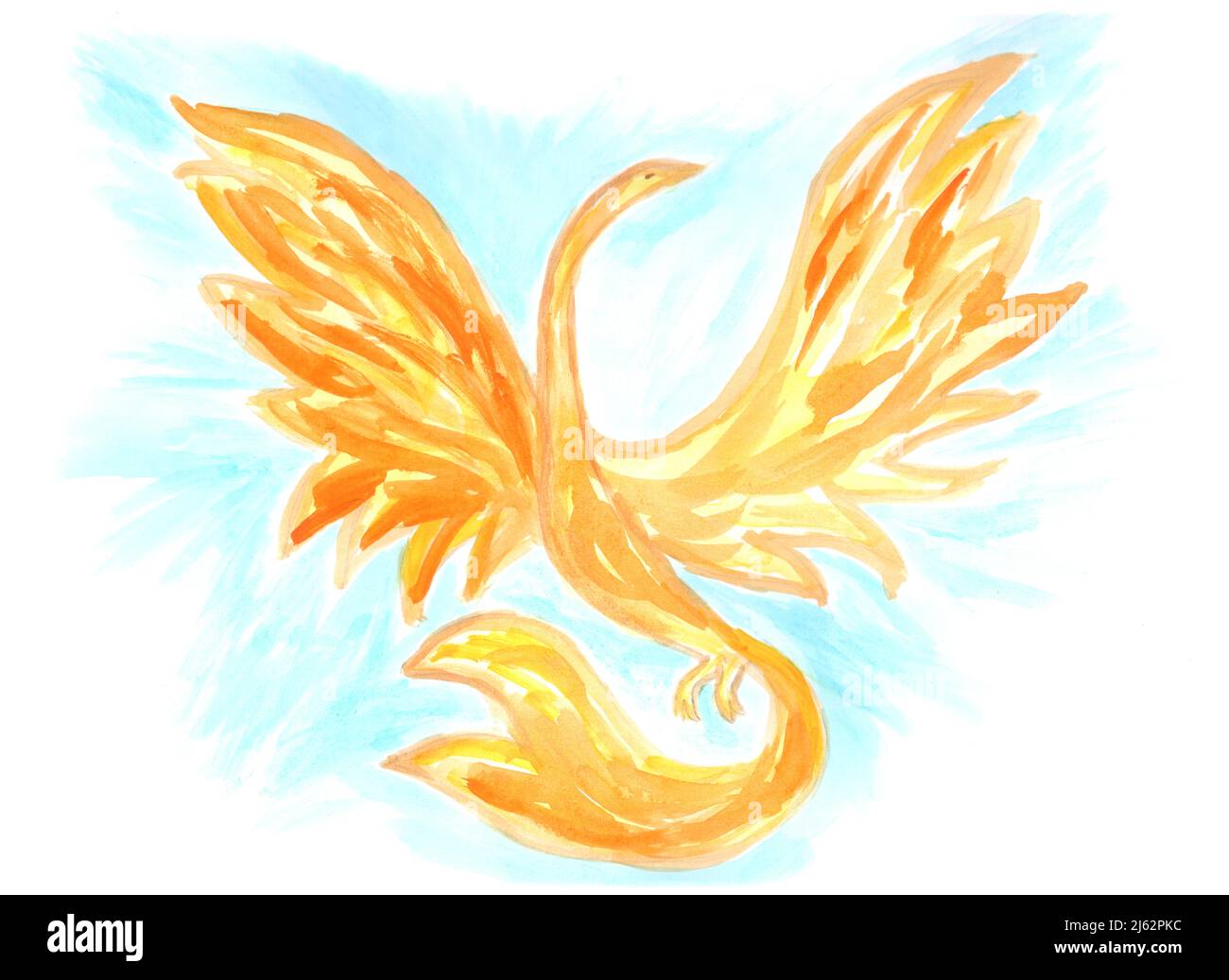 Yellow bird on a blue background. The symbol of the resurgent Ukraine. Golden firebird, fairy tale character. Color watercolor painting Stock Photo