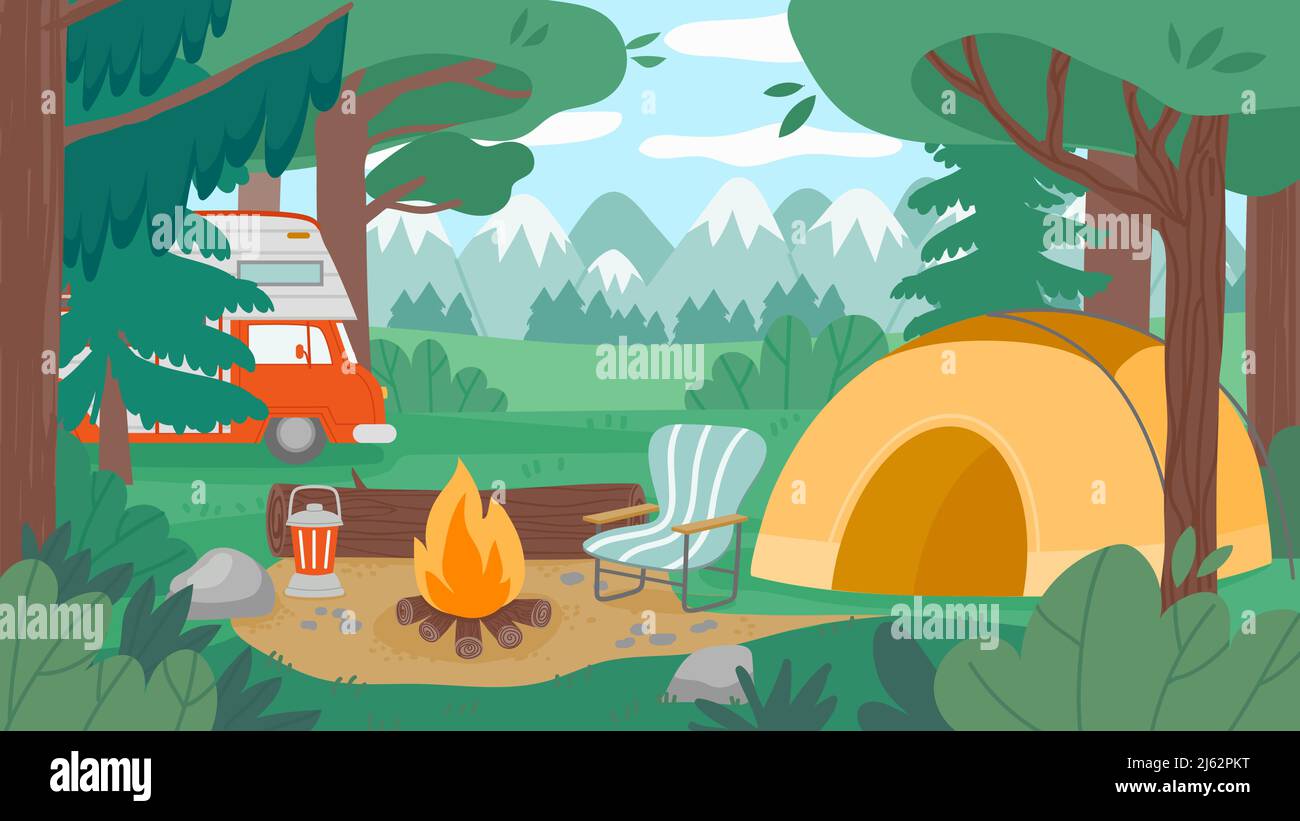 Camping cartoon forest. Tourist campground with campfire cooking pot trailer and summer landscape. Vector camp scenery illustration Stock Vector