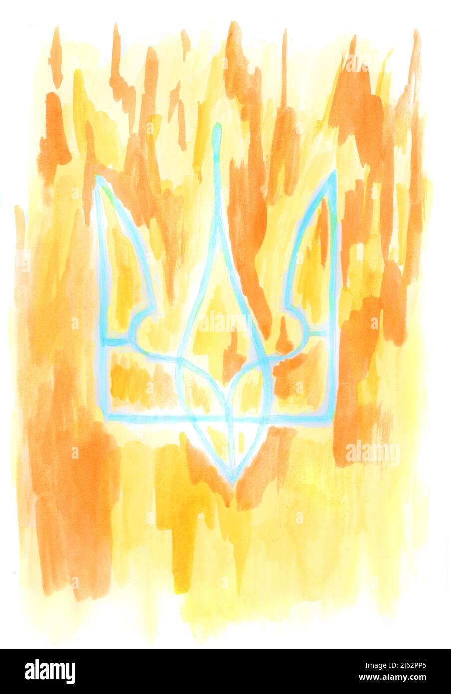 Burning Ukrainian coat of arms. The symbol of Ukraine is on fire. Color watercolor painting conceptual Stock Photo