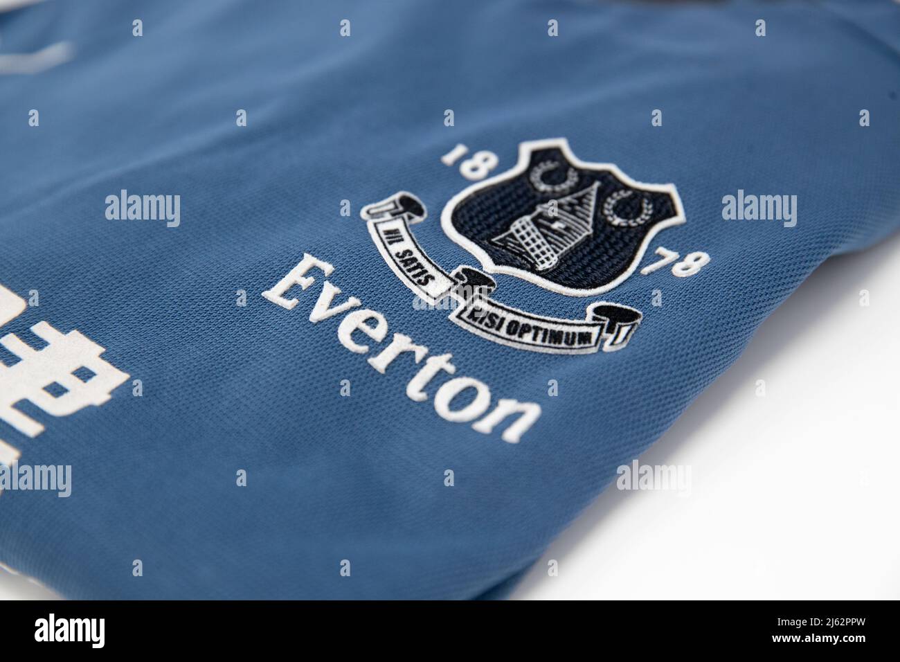 Everton Badge on a blue puma football shirt Stock Photo