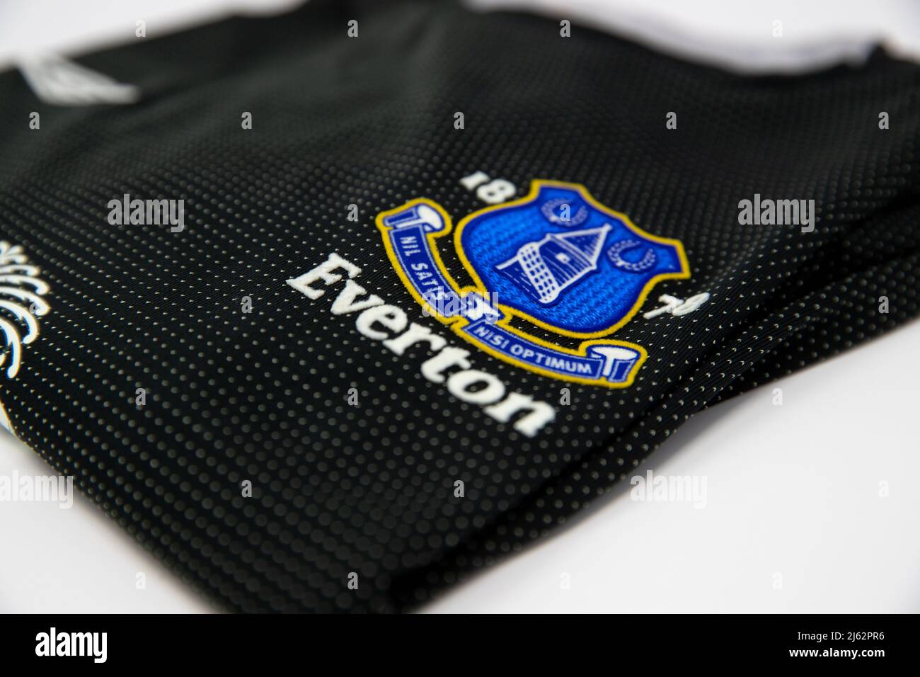 Everton Badge on a black Umbro football shirt Stock Photo