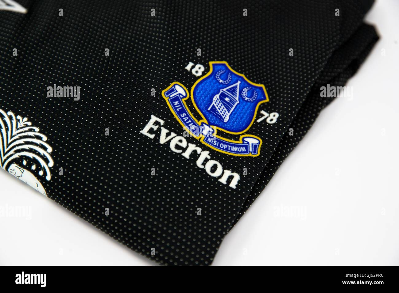Everton Badge on a black Umbro football shirt Stock Photo