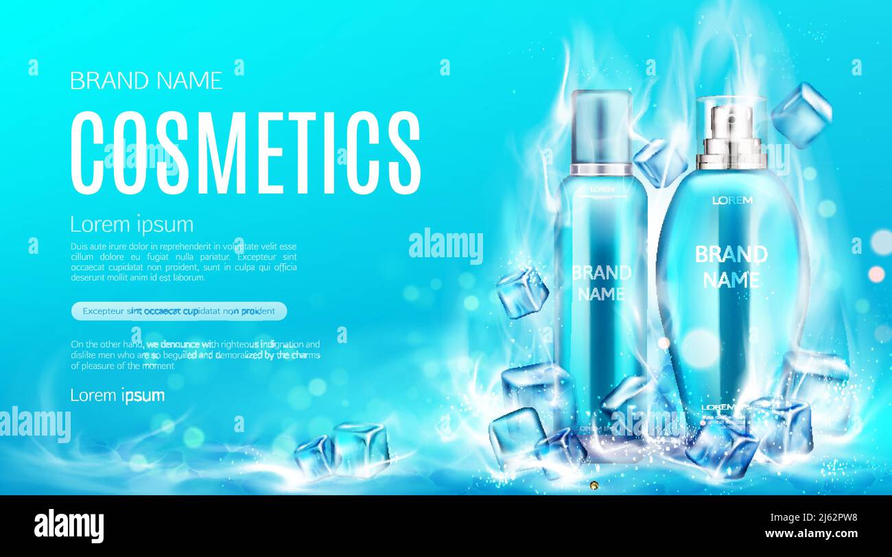 Cosmetics bottles in dry ice steaming cubes mockup landing page. Beauty product tubes with cooling cosmetic, advertising promo poster, ad background. Stock Vector