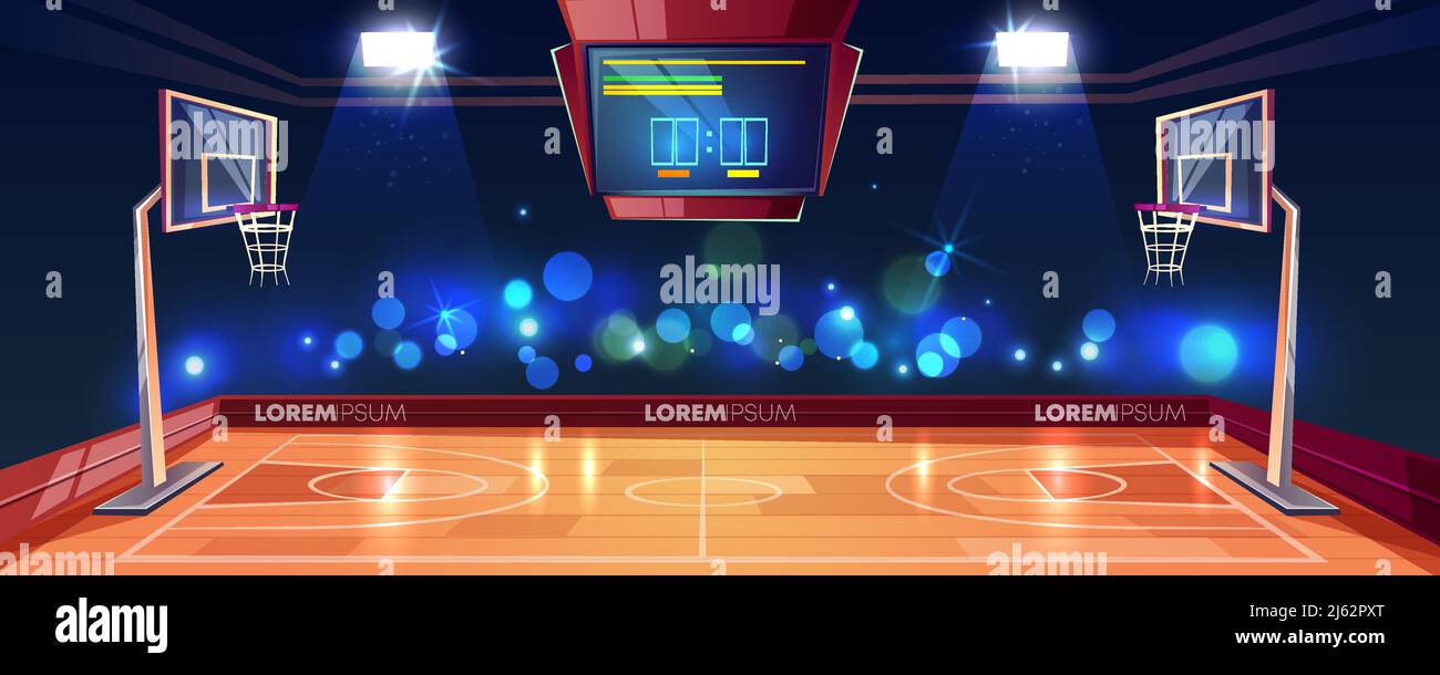 Basketball court illuminated with stadium lights, scoreboard and cameras flashlight in fan sector cartoon vector illustration. Modern arena for sports Stock Vector