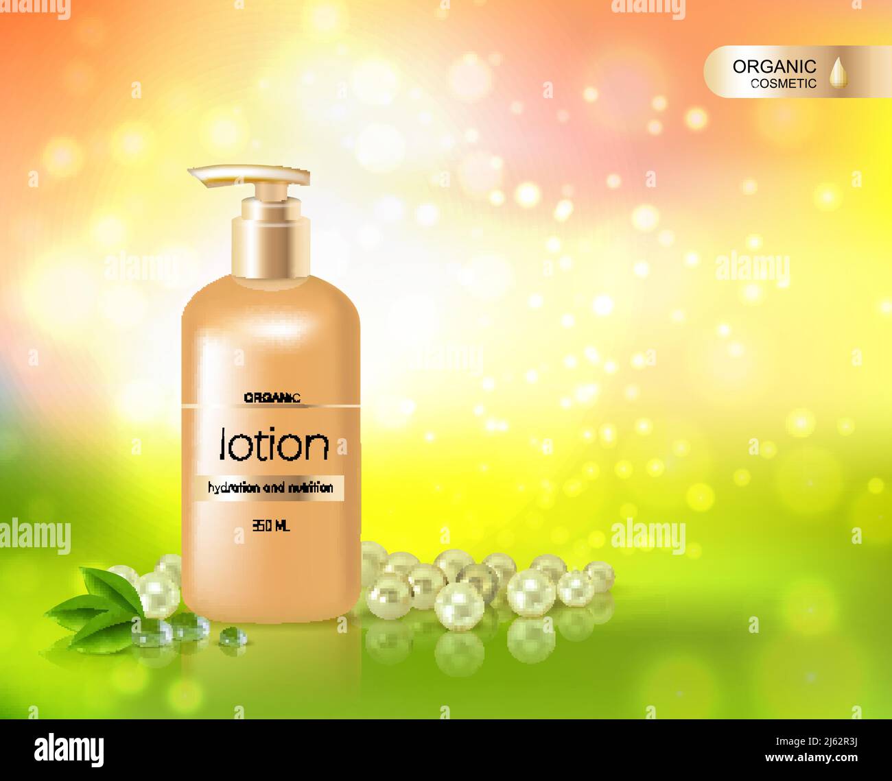 Organic cosmetic shining background with gold bottle of lotion for skin