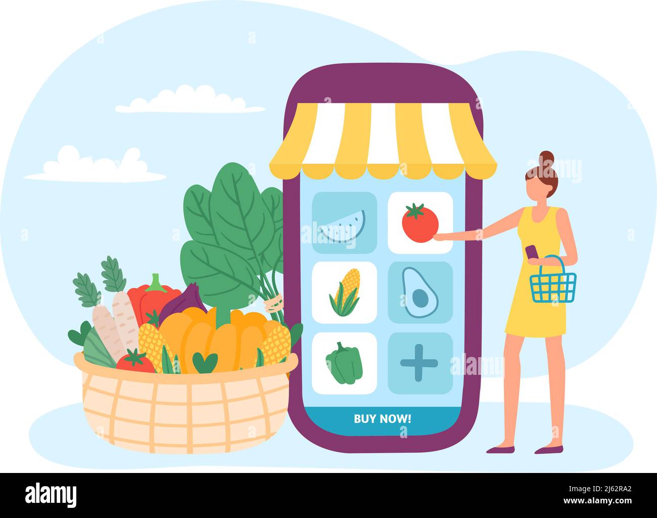 Online farm organic food, buying in application Stock Vector
