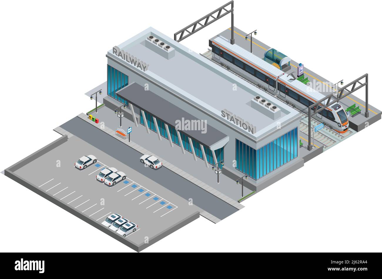 Urban railway station with cars on parking and passenger train  on platform isometric miniature vector illustration Stock Vector