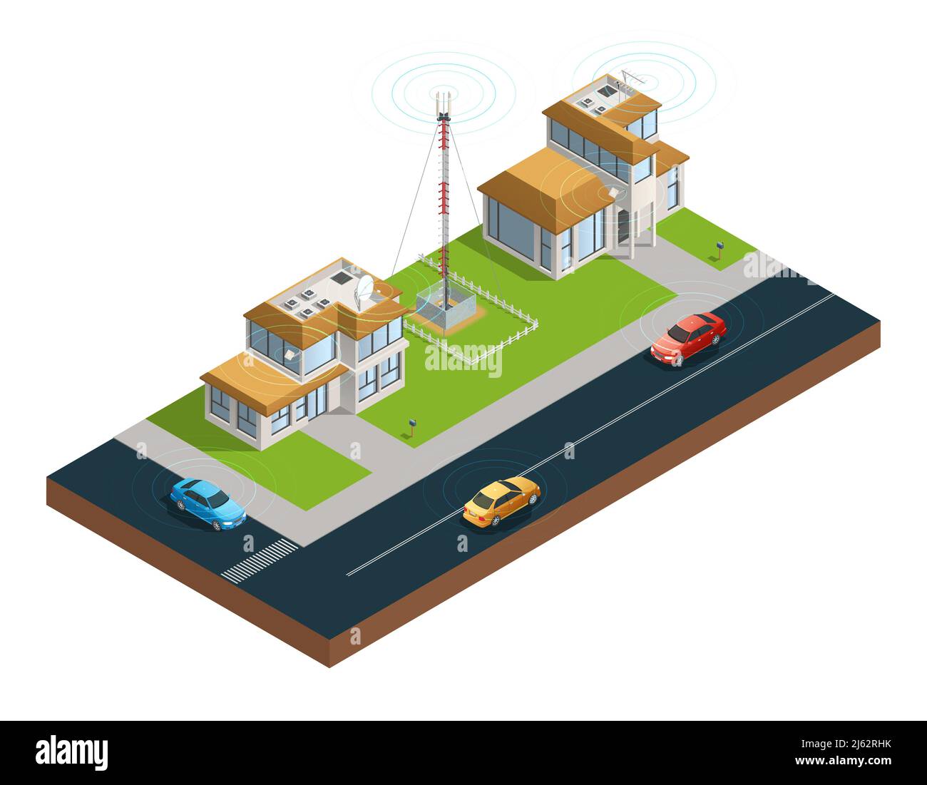 Isometric composition of town street with devices in houses tower and ...
