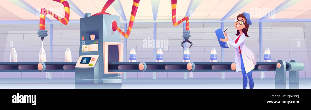 Milk bottles on factory conveyor belt with robotic arms pouring and ...