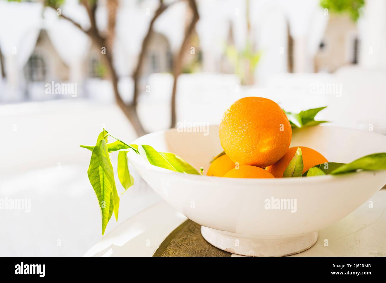 Orange fruits in a vase in Moroccan Riad Stock Photo